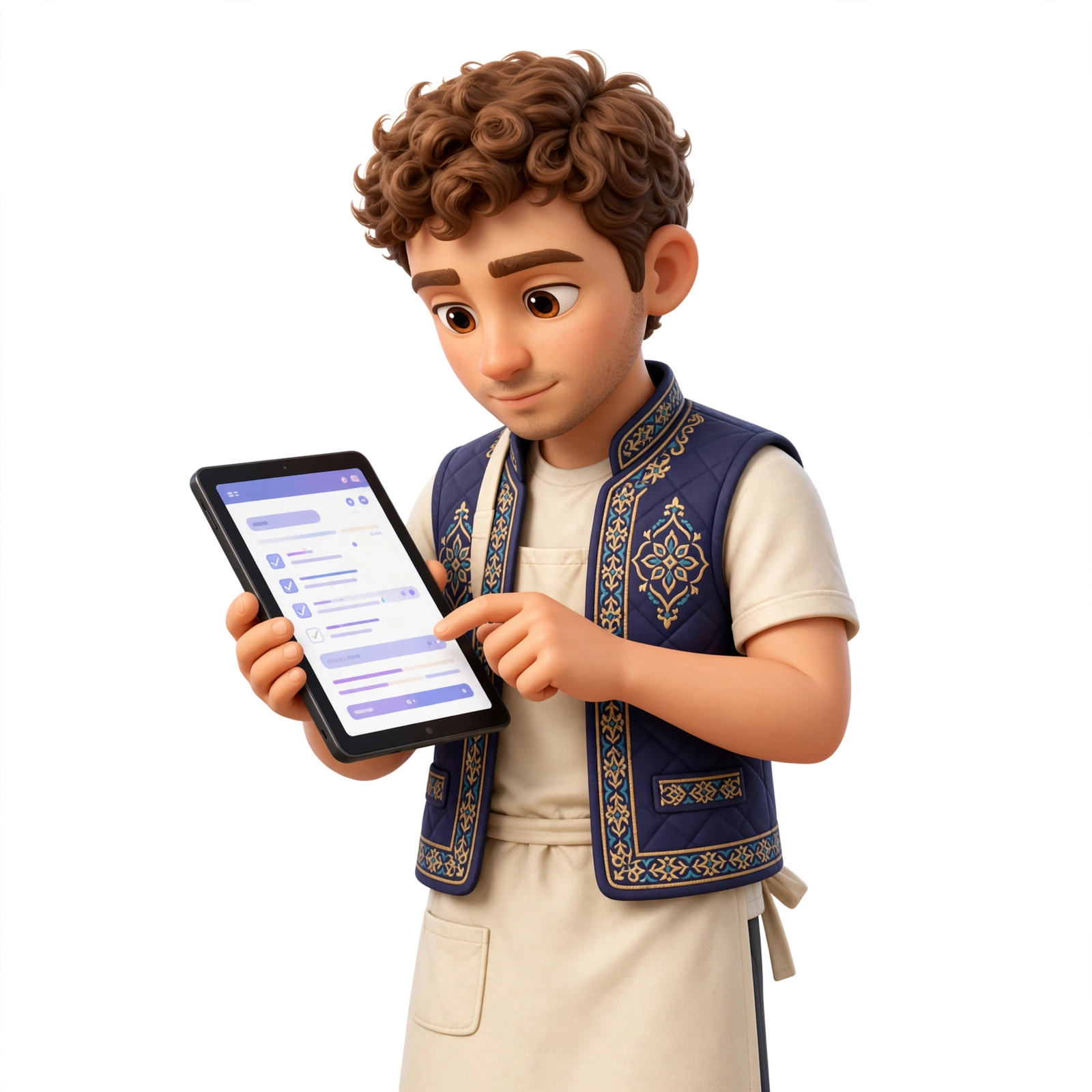Çırak maskotu tablet ile taslağı kontrol ediyor