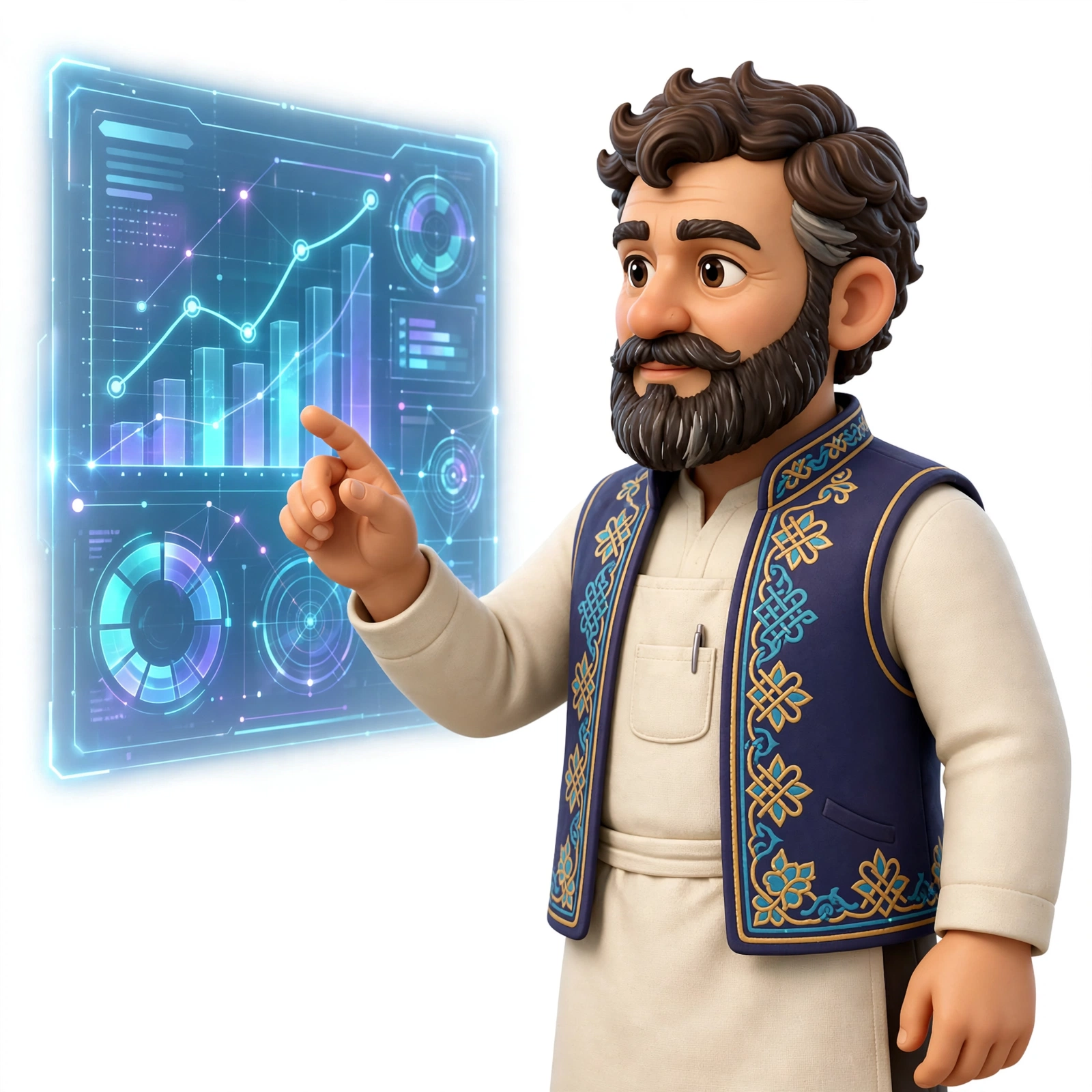 Kalfa maskotu holografik panelde dashboard'u inceliyor